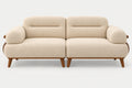 A modern two-seater sofa with cream-colored textured fabric upholstery and medium brown wooden legs, shown against a plain light gray background.
