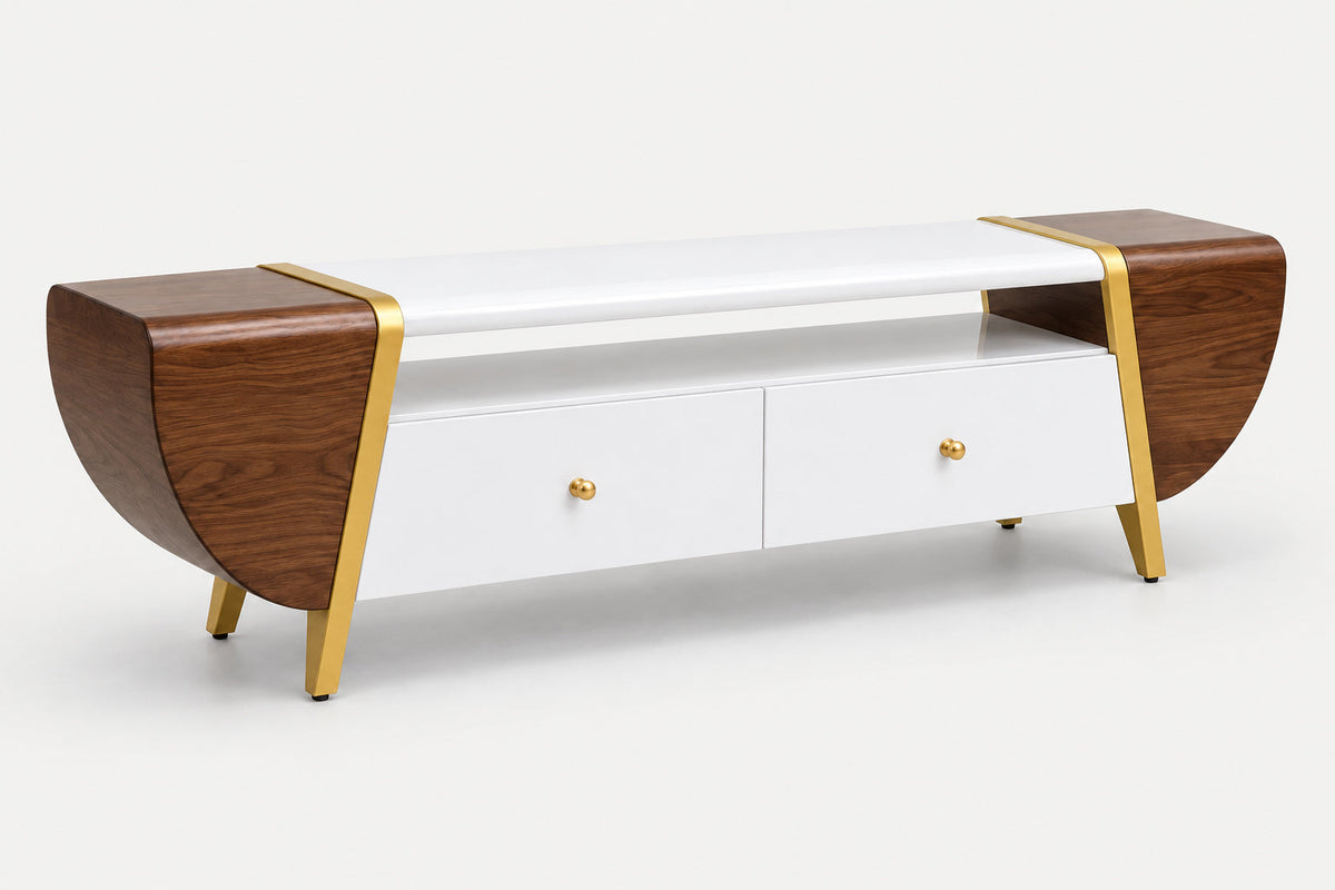 A modern mid-century style media console with a glossy white finish, dark brown wood side panels, and gold metal legs and trim, shown on a light gray studio background.