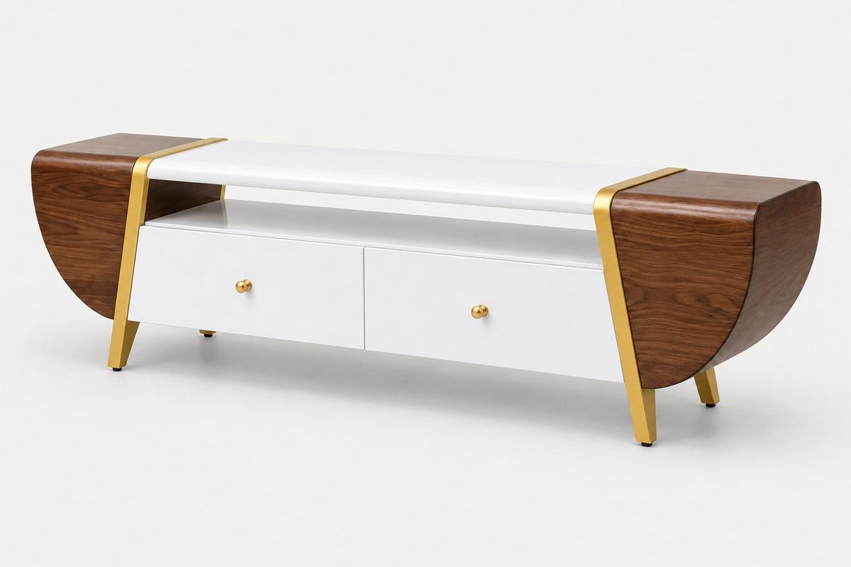 A modern mid-century style media console with a glossy white finish, dark brown wood side panels, and gold metal legs and trim, shown on a light gray studio background.