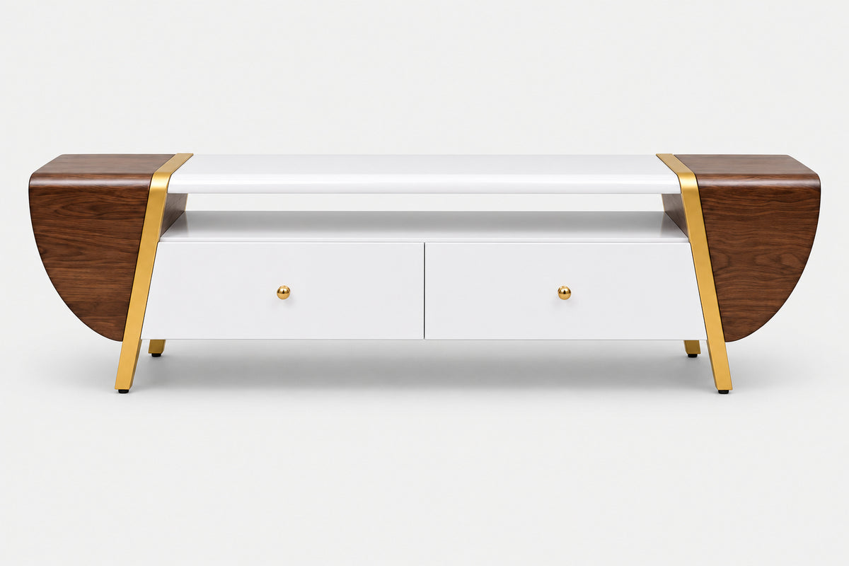 A modern media console with a white finish, featuring dark wood side panels, gold metal legs, and small gold drawer knobs, shown against a light gray background.