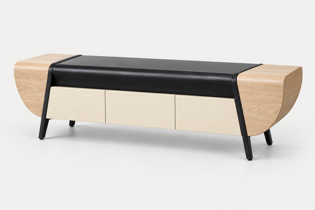 A modern media console or bench with a black leather top, cream-colored front cabinets, and light natural wood side panels, supported by slim black legs, shown on a light gray background.