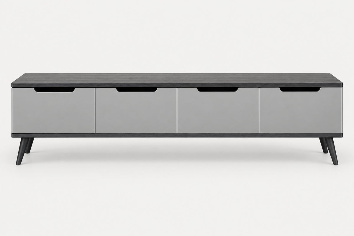 A modern low-profile media console or storage cabinet with a dark gray wood-look top and legs, four light gray drawer fronts with black handles, and tapered black legs, shown against a plain light gray background.