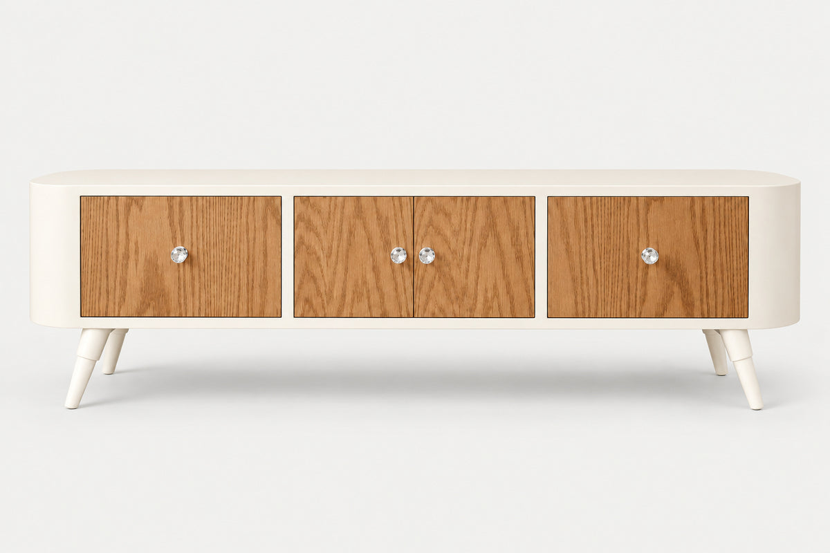 A mid-century modern sideboard with three wood grain doors and white legs, set against a clean white background.