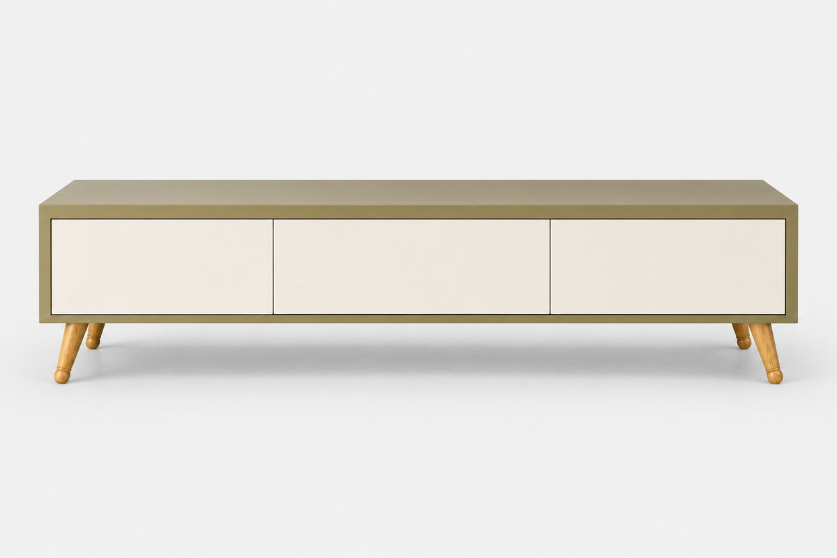 A modern three-door sideboard or media console with a muted olive green frame and top, cream-colored front doors, and light natural wood legs, shown against a plain light gray background.