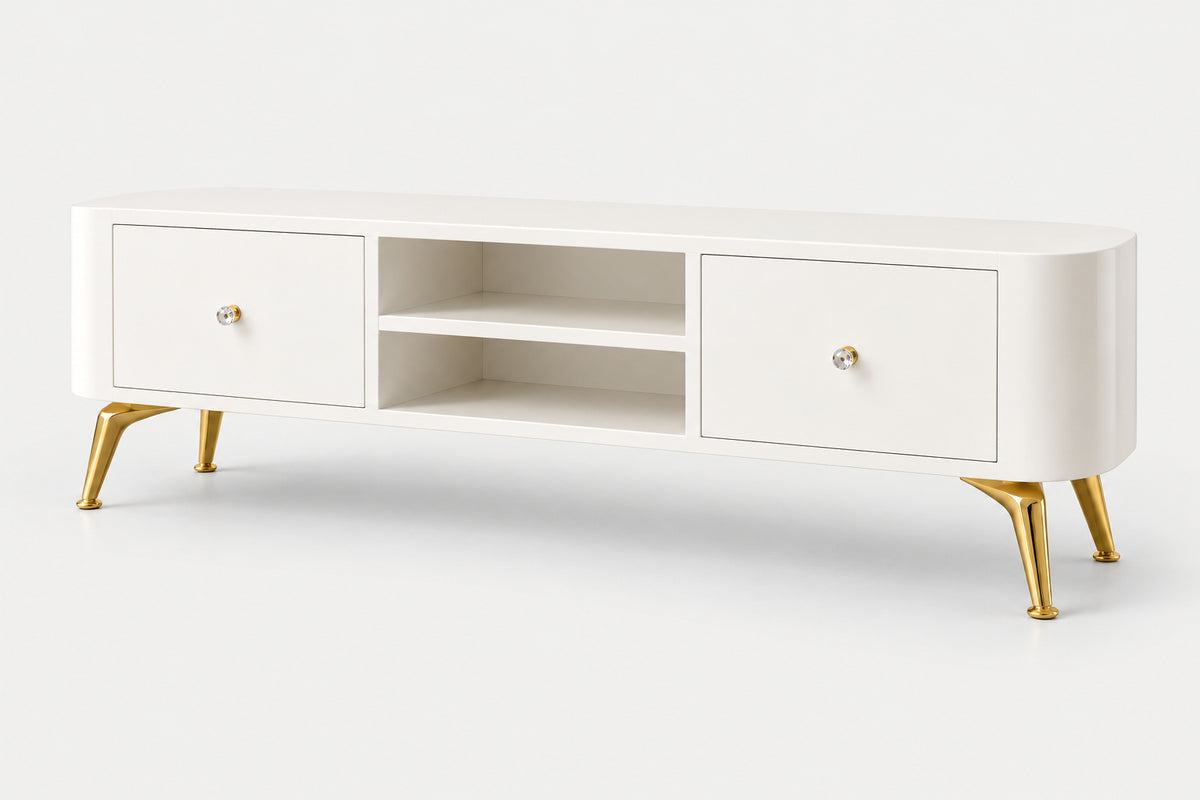 A modern white TV stand or console table with two drawers, an open center shelf, and gold metal legs, shown on a clean white background.