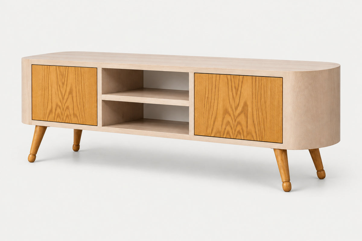 A mid-century modern TV stand or media console with a light beige wood grain finish, featuring two oak doors, open shelves, and tapered wooden legs, shown on a clean white background.