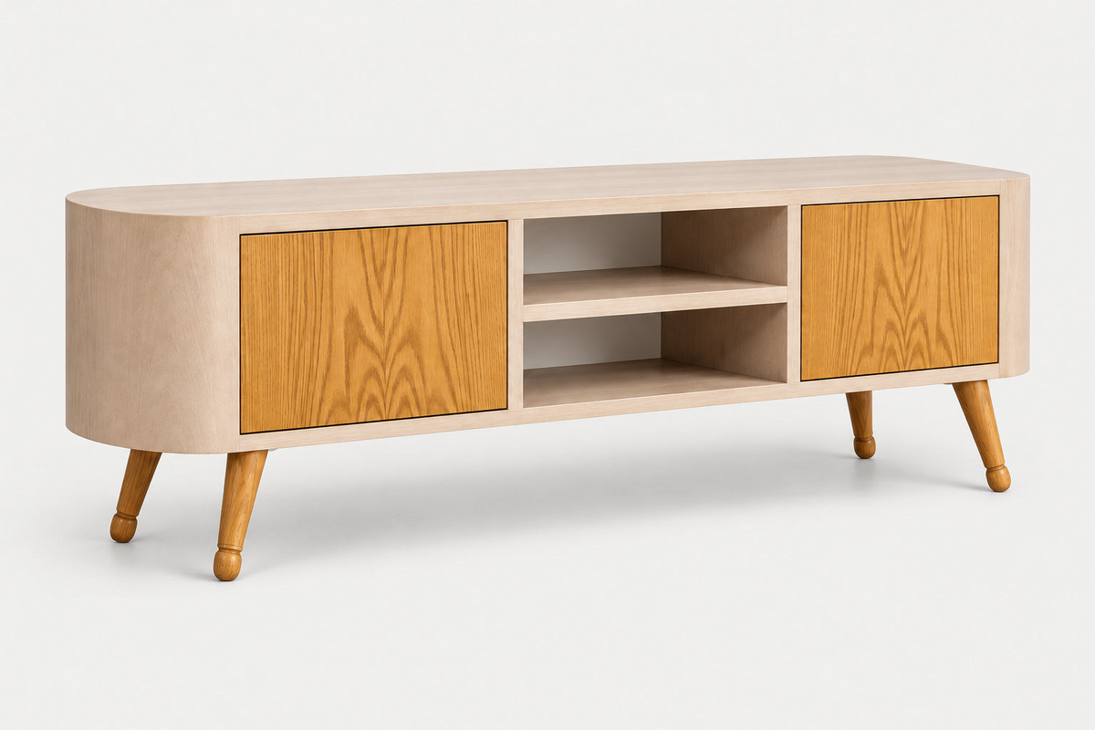 A mid-century modern TV stand or media console with a light beige wood grain finish, featuring two oak doors, open shelves, and tapered wooden legs, shown on a clean white background.