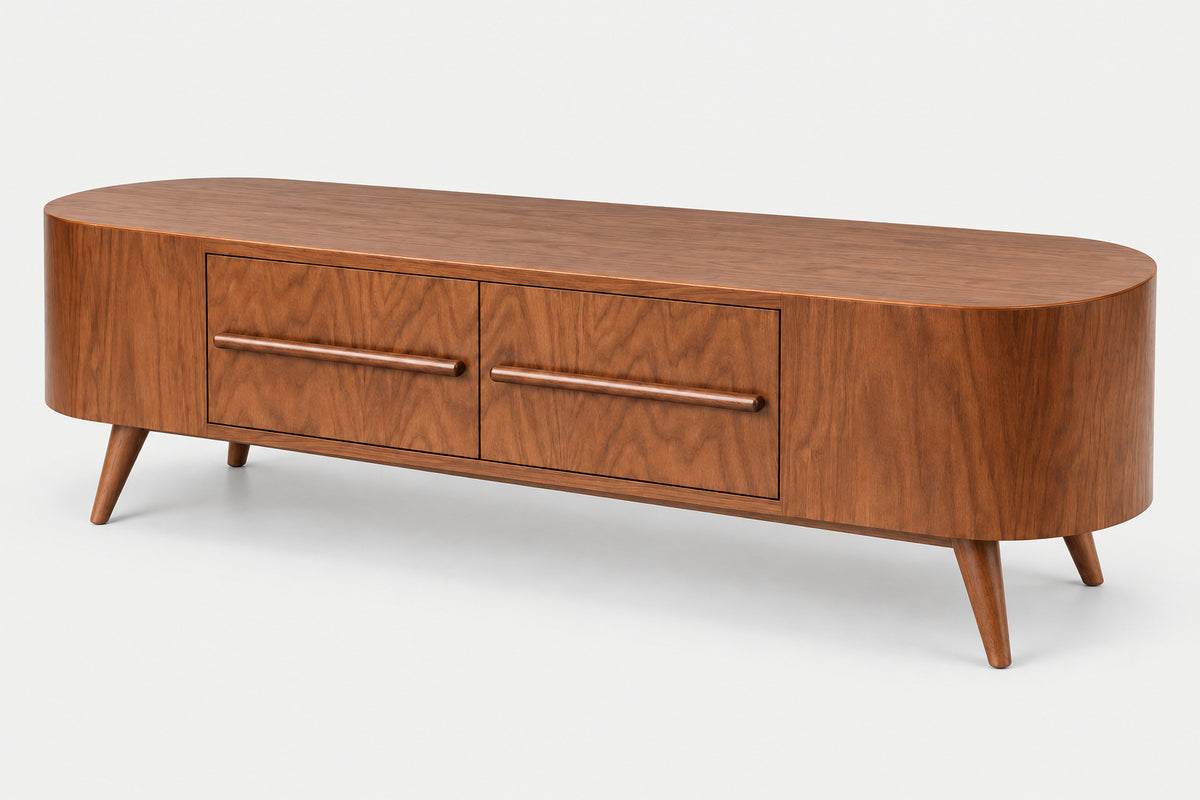 Mid-century modern wooden TV stand with two drawers, rounded front, tapered legs, and metallic drawer pulls, shown on a light gray background.