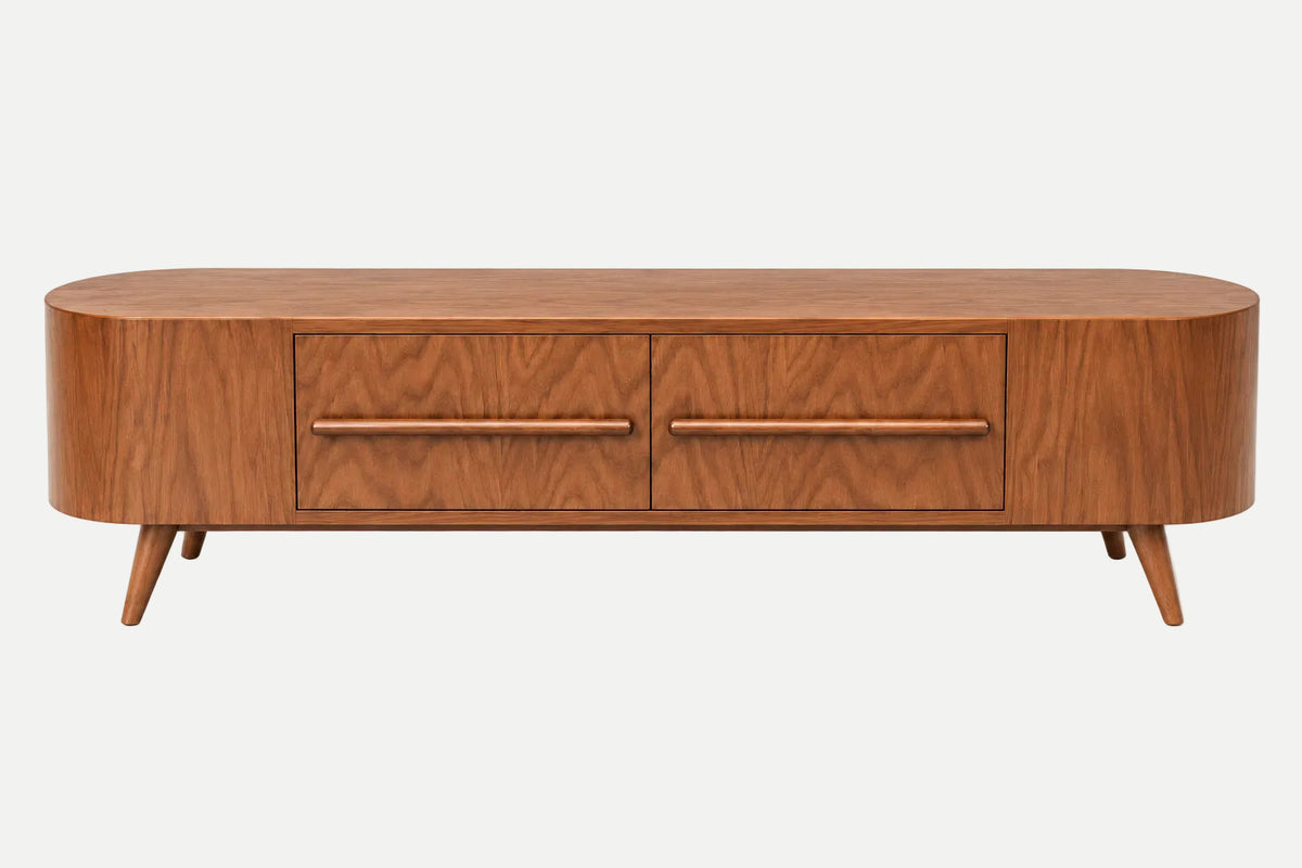 Mid-century modern wooden sideboard with two drawers, tapered legs, and a rich wood grain finish, shown against a plain white background.